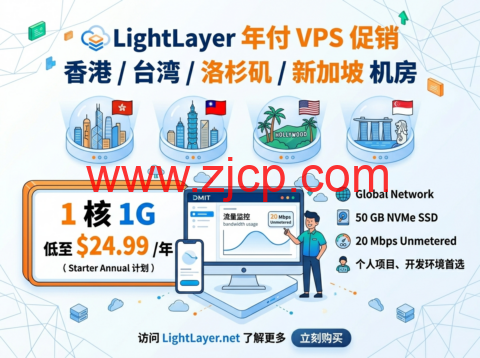 LightLayer 年付 VPS 促销 香港 / 台湾 / 洛杉矶 / 新加坡机房 1 核 1G 低至 $24.99 / 年-国外主机测评