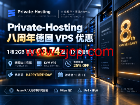 Private-Hosting 八周年德国 VPS 优惠:1核2GB 首月 €3.74 起,17 款套餐-国外主机测评